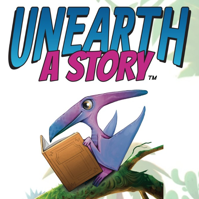 A cartoon pterosaur with a book and the text "UNEARTH A STORY."