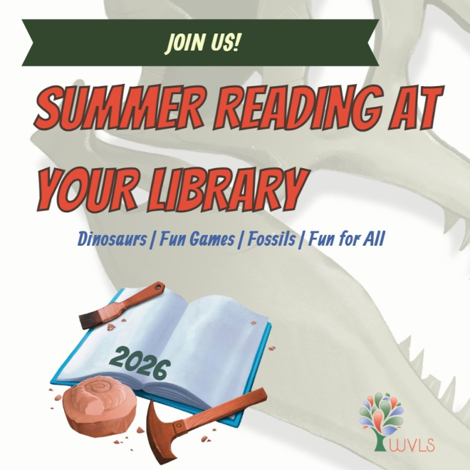 Library summer reading program poster featuring dinosaur elements and the year 2026.