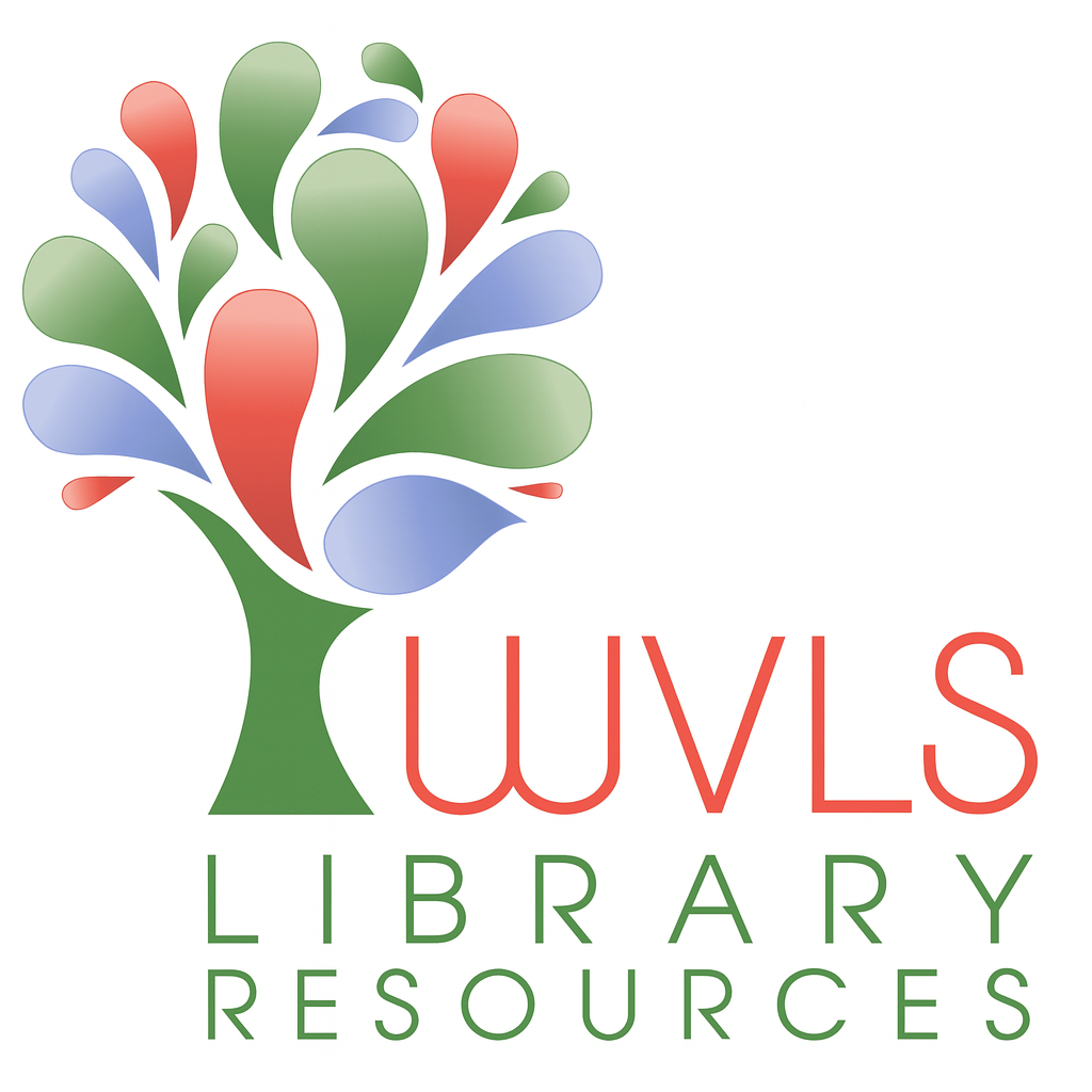 Stylized tree logo with teardrop shapes in red, green, and blue with the Letters WVLS Library Resources