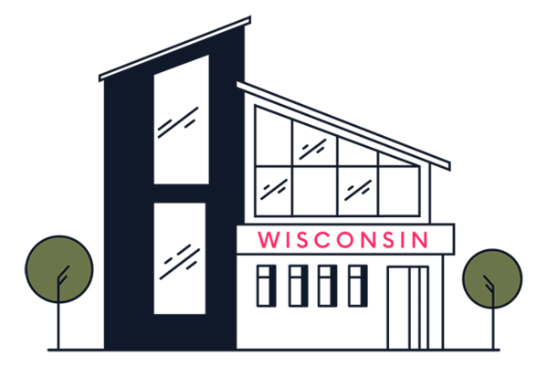 Stylized drawing of a modern building labeled "WISCONSIN" with windows and two round trees.