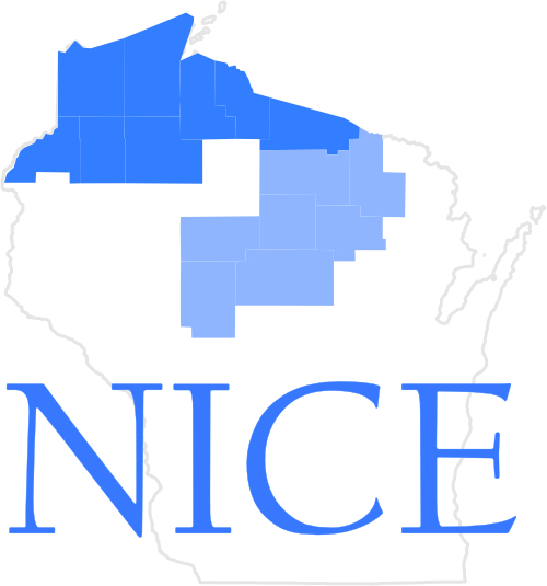 Map of wisconsin with northern counties highlighted and the word 'NICE"